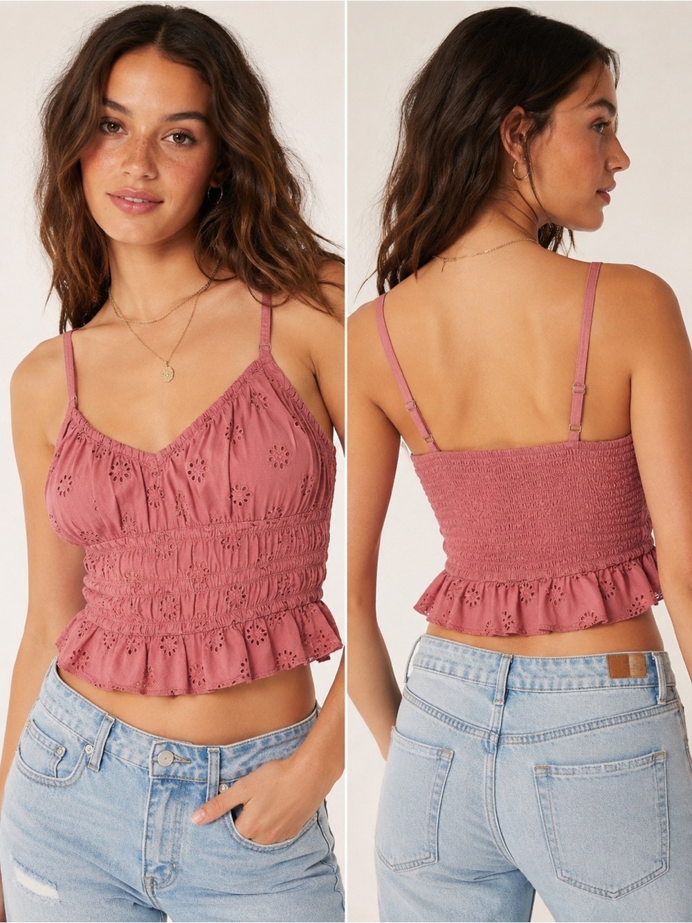 Hollister Eyelet Embroidered Smocked Crop Tank Top Pink XS Boho